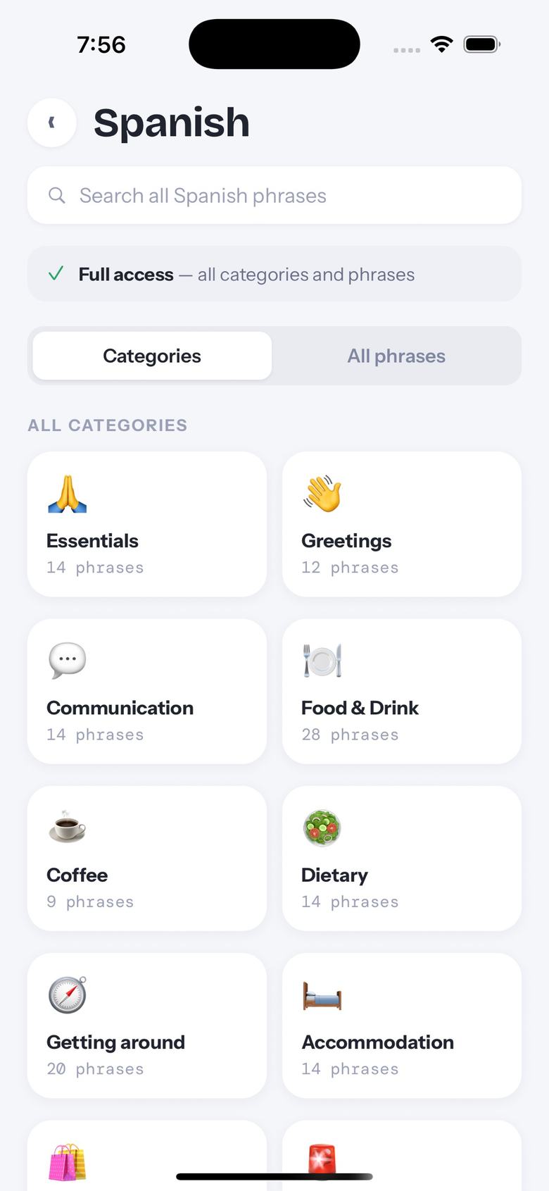 Sayfarer language grid showing all eight languages